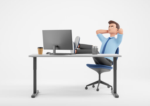 Cartoon pensive businessman with legs on table relaxing dreaming on workplace with computer big display over white background.