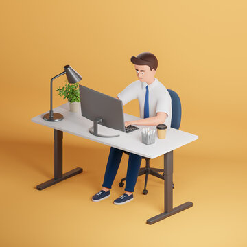Isometric view on cartoon character businessman working with computer and big monitor on modern workplace over yellow background.