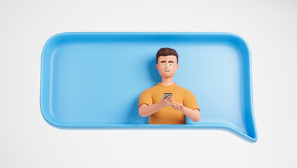 Handsome cartoon beard character man texting on smartphone at blue text bubble isolated over white background.