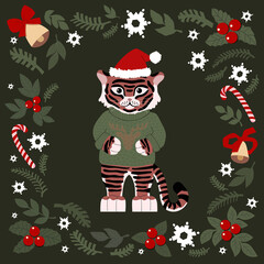 christmas set of drawn cute elements. tiger in a sweater with a deer and a Christmas hat, snowflakes, spruce, bells.  for christmas cards, posters, magnets. flat illustration