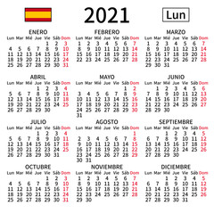 2021 year calendar. Simple, clear and big. Spanish language. Week starts on Monday. Sunday highlighted. No holidays. Vector illustration. EPS 8, no gradients, no transparency