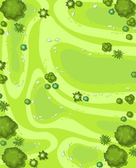 Hilly lawn in the forest. View from above. Countryside rural landscape. Green foliage of trees and shrubs. Top view. Background illustration in cartoon style. Vector