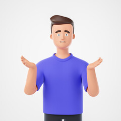 Sad confused cartoon character man in purple t-shirt isolated over white background.