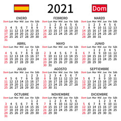 2021 year calendar. Simple, clear and big. Spanish language. Week starts on Sunday. Sunday highlighted. No holidays. Vector illustration. EPS 8, no gradients, no transparency