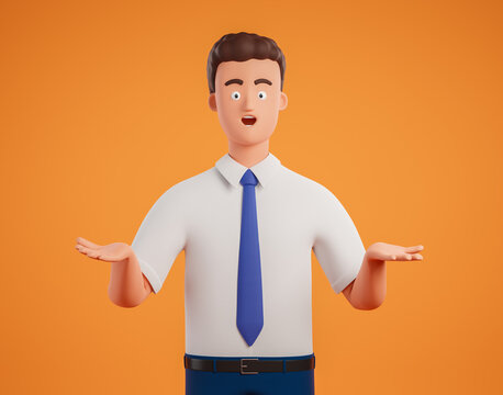 Surprised cartoon businessman character in white shirt over orange background.