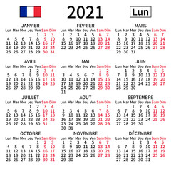2021 year calendar. Simple, clear and big. French language. Week starts on Monday. Saturday and Sunday highlighted. No holidays. Vector illustration. EPS 8, no gradients, no transparency