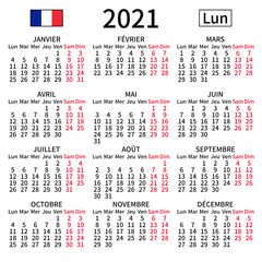 2021 year calendar. Simple, clear and big. French language. Week starts on Monday. Saturday and Sunday highlighted. No holidays. Vector illustration. EPS 8, no gradients, no transparency