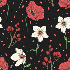 Seamless pattern with wildflowers on a dark background
