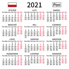 2021 year calendar. Simple, clear and big. Polish language. Week starts on Monday. Saturday and Sunday highlighted. No holidays. Vector illustration. EPS 8, no gradients, no transparency