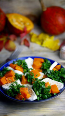 Pumpkin autumn salad a la caprese with mozzarella. Autumn food composition.