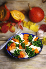 Pumpkin autumn salad a la caprese with mozzarella. Autumn food composition.