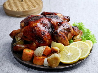 delicious roasted honey chicken with healthy vegetable garnish