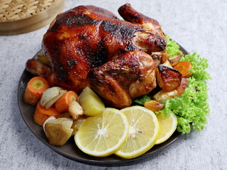 delicious roasted honey chicken with healthy vegetable garnish