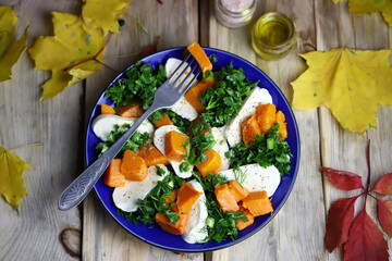 Pumpkin autumn salad a la caprese with mozzarella. Autumn food composition.