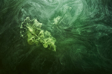 Abstract green color background. Swirling vibrant hookah smoke, underwater emerald ocean, dynamic paint in water