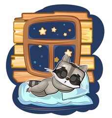 Baby Raccoon sleeps in bed. Dreaming Near the window and wall. Night and stars. Childrens illustration. Nice baby animal fell asleep. Cartoon style picture. Isolated on white background. Vector
