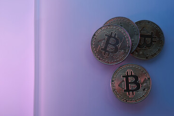 Golden bitcoins isolated on neon blue pink purple background close-up with copy space, concept of growth and fall of cryptocurrency
