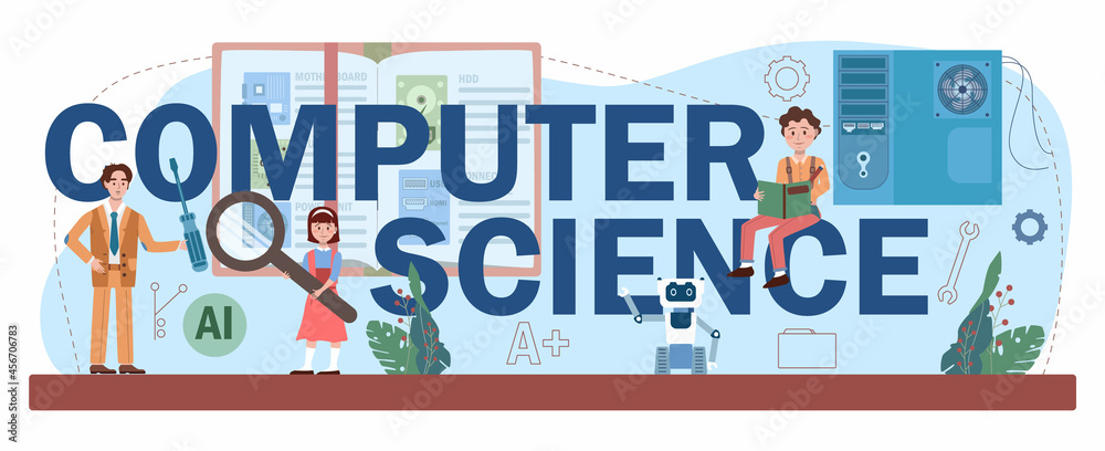 Aufkleber computer science typographic header. students learning about algorithms,