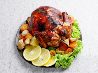 delicious roasted honey chicken with healthy vegetable garnish