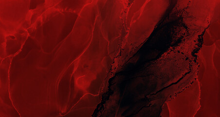 Abstract red ocean exoplanet sky, alcohol ink background, lava explosion, scarlet color stains and blots, acrylic wallpaper print materials