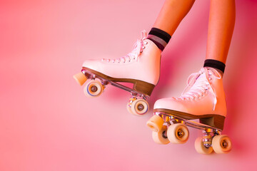 Roller skates and girl’s legs on pastel pink - sports equipment and recreation