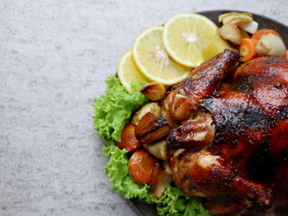 delicious roasted honey chicken with healthy vegetable garnish