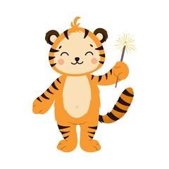 Cute striped orange tiger with sparkler. The year of the Tiger. Happy New Year 2022. Chinese New Year.
