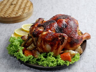 delicious roasted honey chicken with healthy vegetable garnish