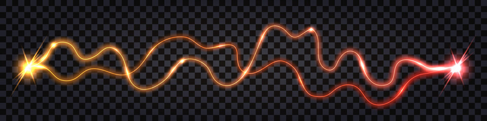 Electric discharge wave swirl, yellow vs red light glow. Lightning thunder bolt, power energy flash explosion, wire cable isolated on dark background. Vector illustration