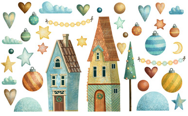 Set of cute winter christmas houses, stars, hearts, garland, trees and snowdrift. Hand drawn illustration.