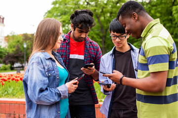 Multiethnic university students checking information using mobile phones