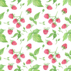 Fototapeta na wymiar Seamless pattern of raspberry watercolor, juicy berry background. Summer print. Vitamins, jam, wrap, organic, diet, delicious. Perfect for fabric, digital paper, wallpaper.