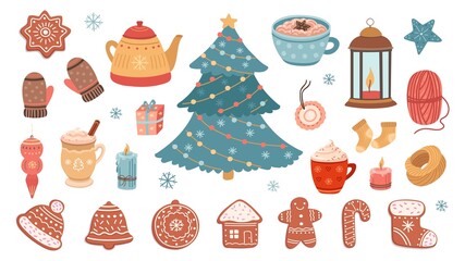 Christmas bundle. Gingerbreads, xmas tree and cozy things. Scandinavian new year decorative elements, coffee and sweets vector set