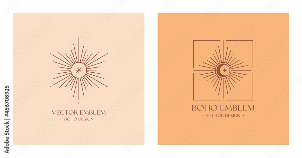 Wall mural vector bohemian logos design template with sun,crescent moon and light rays.boho linear icons or sym