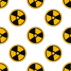 Seamless pattern of repeated black and yellow radiation symbols. Elements are evenly spaced. Vector illustration on white backgroun