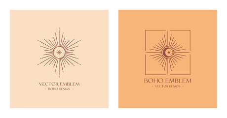 Vector bohemian logos design template with sun,crescent moon and light rays.Boho linear icons or symbols in trendy minimalist style.Modern celestial emblems.Branding design templates.