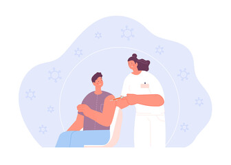 Vaccinate people. Woman in medicine, doctor vaccinated adult. Health protection and flu prevention. Injection vaccination person utter vector concept