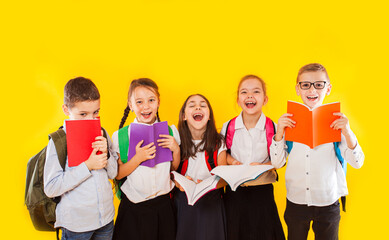 Happy schoolkids standing with colorful books isolated on yellow background. Kids hiding face behind books