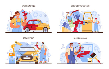 Car service set. Mechanic in uniform paint a body of vehicle.