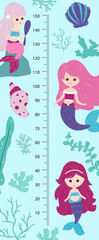 Kids height chart with little mermaids. Vector Illustration, cartoon style