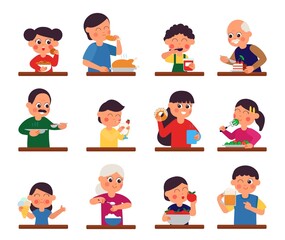 People eating. Men eat taste food. Restaurant or cafe characters, school canteen, buffet. Person has breakfast, lunch or dinner decent vector set