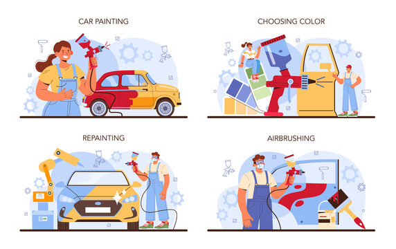 Car service set. Mechanic in uniform paint a body of vehicle.