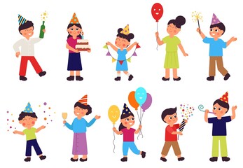Happy birthday characters. Isolated people group, woman with cake. Adult and children celebrate, family party. Festive gifts decent vector set