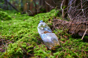 A carelessly throw away plastic water bottle nestled in the moss on a forest path. Plastic trash in...