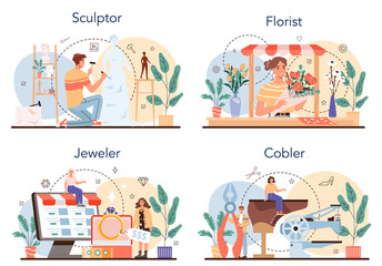 Obraz premium Artistic occupation set. Crafting process. Florist and sculptor, jeweler