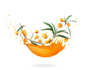 Ripe sea buckthorn with splashes of juice, isolated on white background