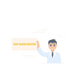 Alopecia concept. Man doctor holding hair transplantation board in his hand. Hair loss medical treatment design template. Vector flat illustration.