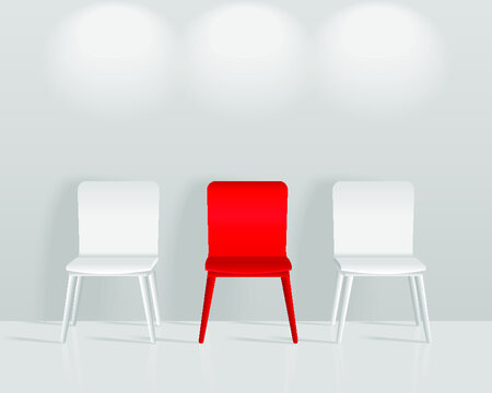 One red chair between white chairs in the waiting room 3D render