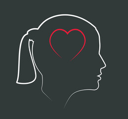 Silhouette of a female head. Icon. Flat illustration of face. Head icon with a heart inside. Silhouette of a girl. Woman avatar. Linear avatar. Love in the head