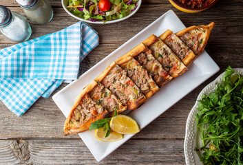 Traditional delicious Turkish food, meat pide (Turkish name; Kusbasi etli pide)
